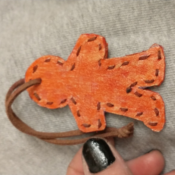 Orange leather gingerbread man Purse charm, key chain, zipper pull. - Picture 3 of 3